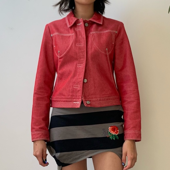 (SOLD) BCBG Maxazria Red Denim Jacket with White Contrast Stitching - Picture 1 of 6